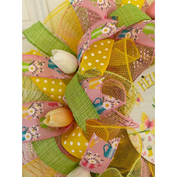 Hello Spring Flowers Butterfly Ribbon Deco Mesh Spring Summer Wreath - Picture 4 of 8